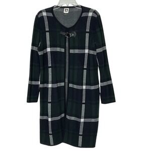 Anne Klein Dark‎ Green Plaid Buckle Accent Closure Cardigan Sweater Size Large.